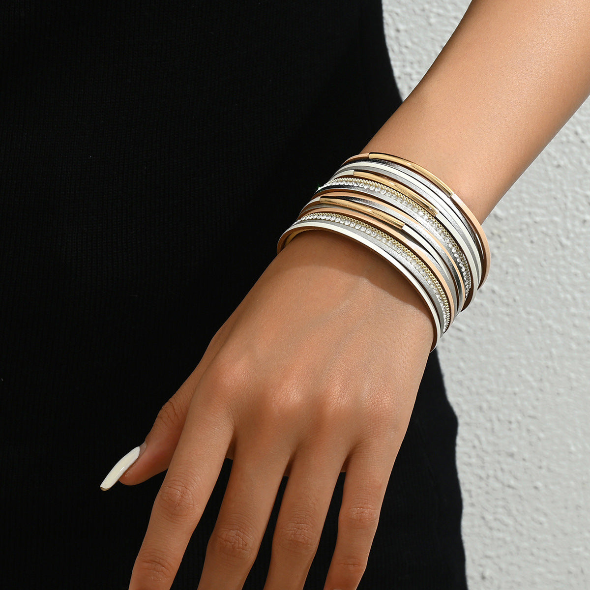Minimalist Geometric Leather Bracelet for Women with Rhinestone Inlay and Multi-Layer Design