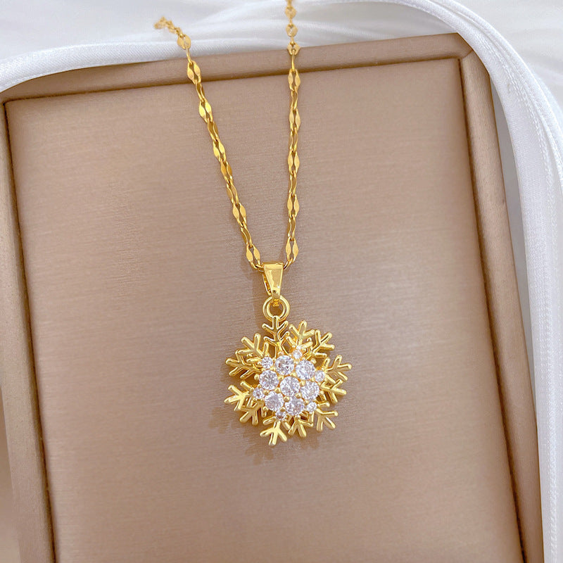 Sweet Minimalist Geometric Snowflake Rhinestone Pendant Necklace Titanium Steel Cable Chain for Unisex