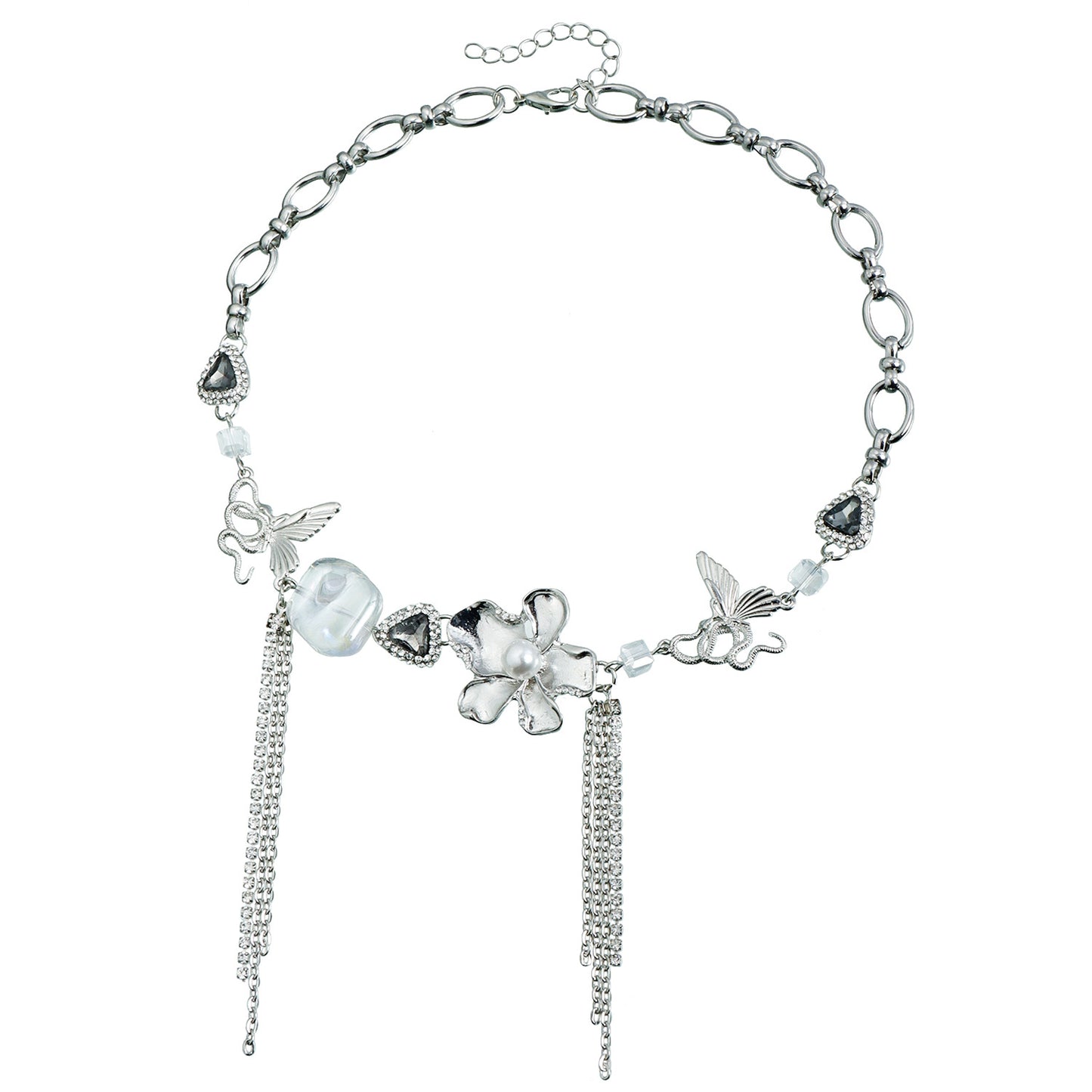 Collar con colgante de aleación con forma de mariposa, con perlas y detalles florales, flecos superpuestos, acabado galvanizado, delicada cadena para la clavícula para mujer