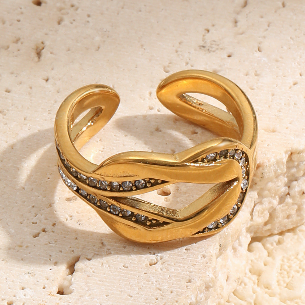 Elegant Minimalist Geometric 18K Gold Plated Stainless Steel Rhinestone Knot Open Ring for Women