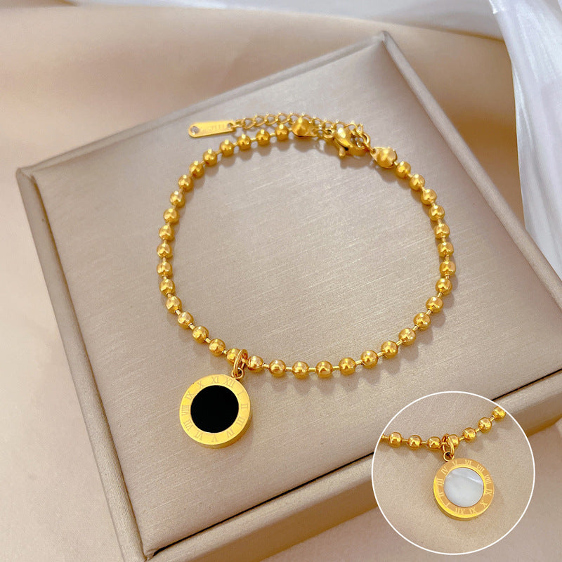 Minimalist Titanium Steel Roman Bead Bracelet for Women with Gold Plating and Water Ripple Texture