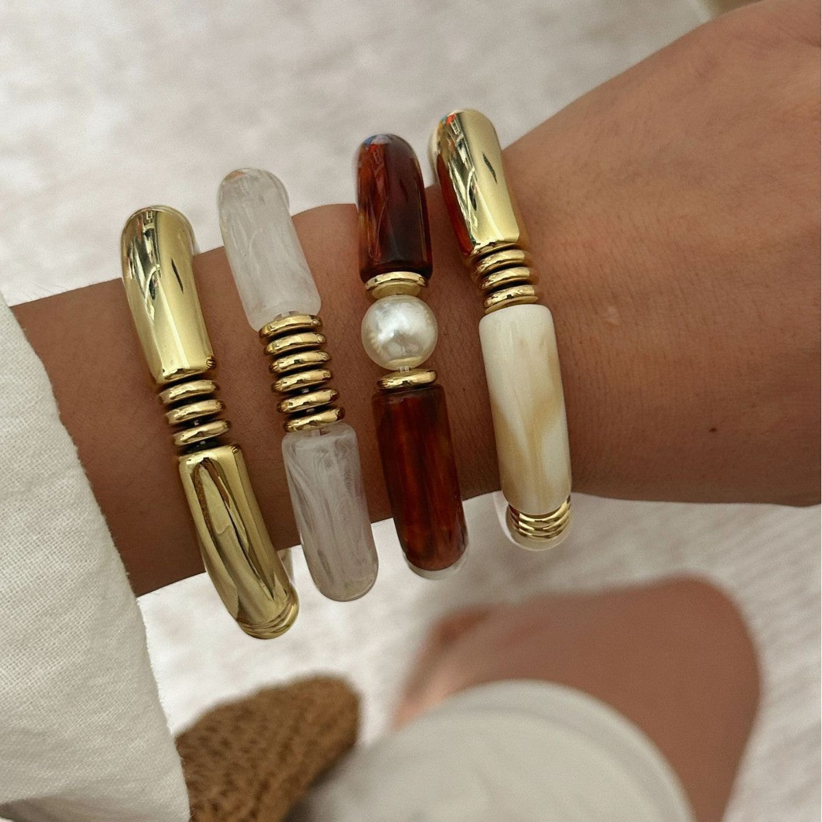 Vintage Geometric Plated Acrylic Beaded Bamboo Joint Cuff Bracelet Set