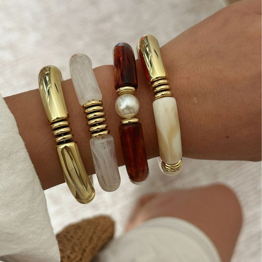 Set di bracciali a polsino con giunto in bambù, in acrilico perlato placcato, con forme geometriche, stile vintage