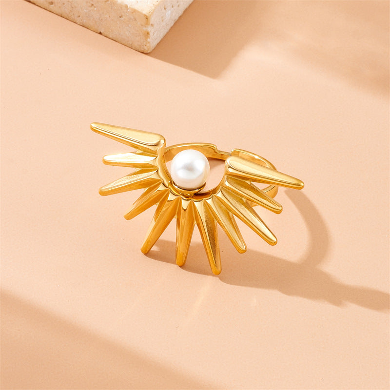 Conjunto de collar, aretes y anillo vintage de girasol con perlas para mujer, cadena de caja de acero inoxidable enchapado
