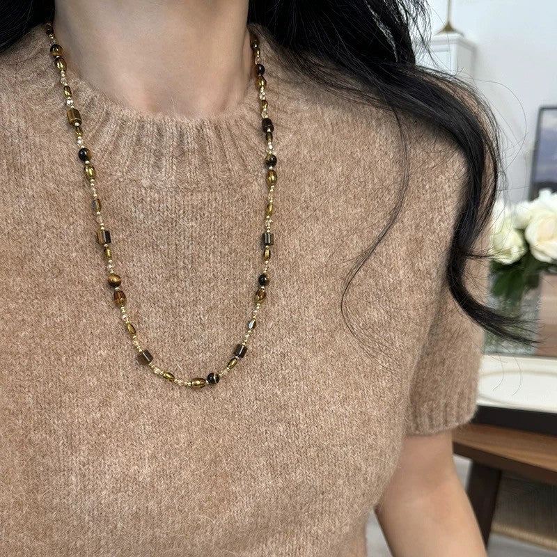 Collana pendente occhio di tigre in stile retrò con design geometrico da donna, catena a maglie color oro, accessorio minimalista di lusso