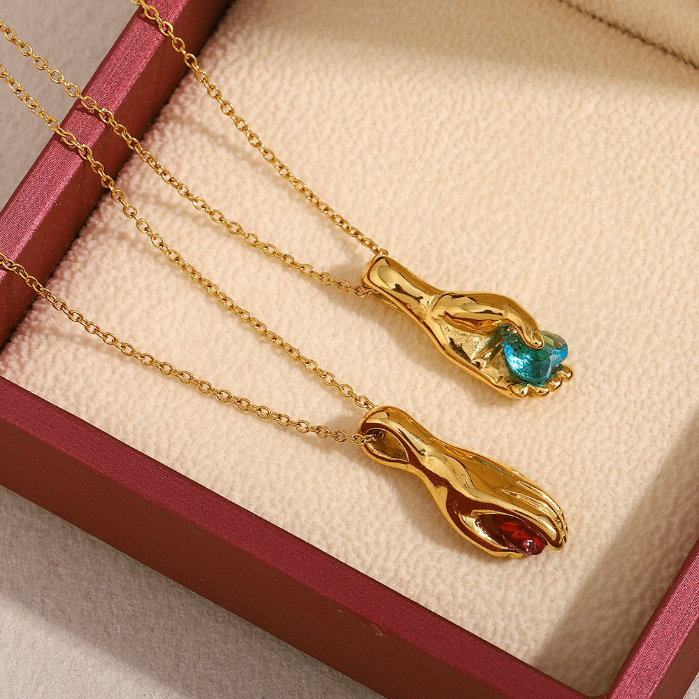 Minimalist Geometric Pendant Necklace in Stainless Steel with 18K Gold Plating and Hand-Held Gemstone Design for Women