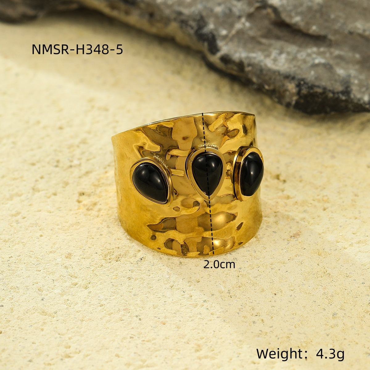 Elegante Anillo Bañado en Acero Inoxidable con Textura Geométrica Vintage Francés y Piedra Natural Incrustada para Mujer