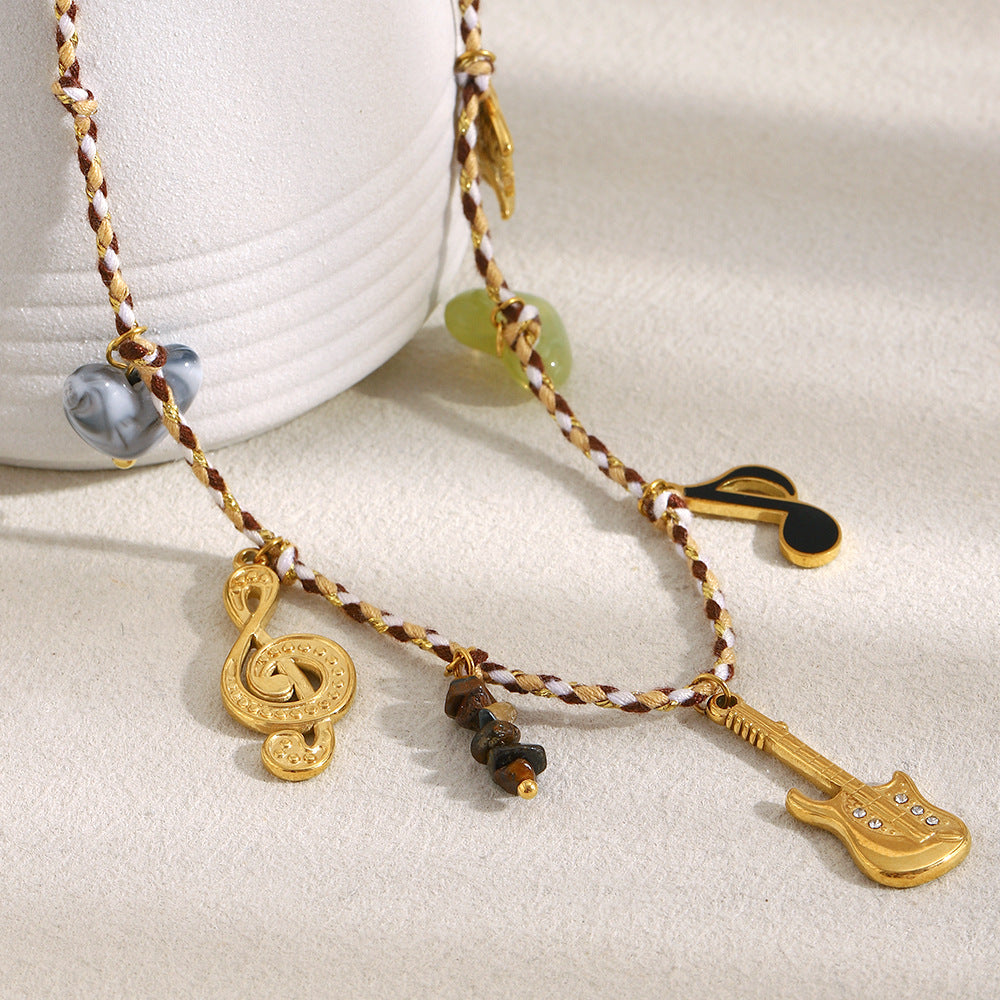 Minimalist Guitar-Shaped Pendant Necklace for Women Stainless Steel with 18K Gold Plating and Colorful Cord