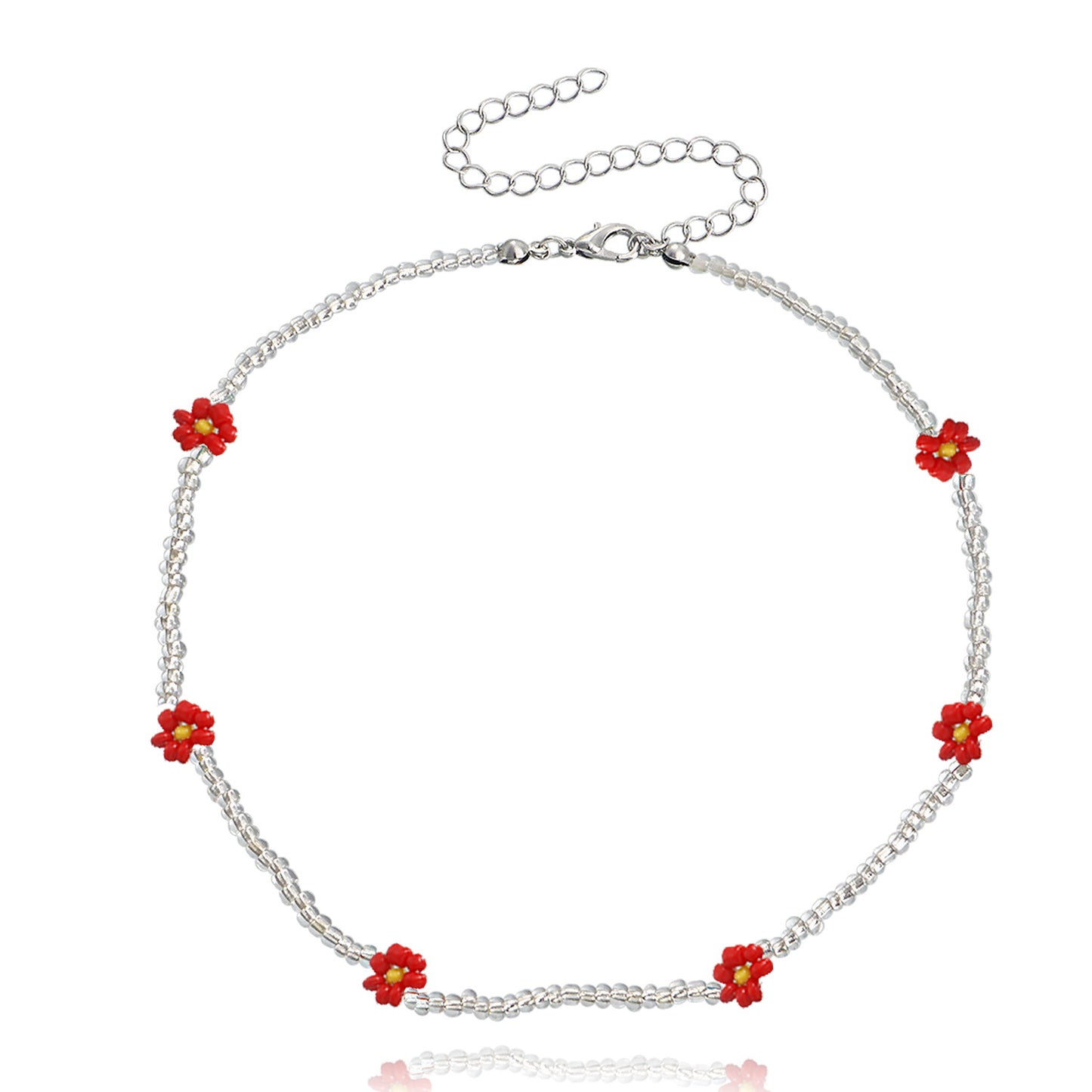 Bohemian Style Daisy Flower Pendant Necklace with Clear White Rice Beads and Geometric Accents in Alloy with Plated Finish for Women