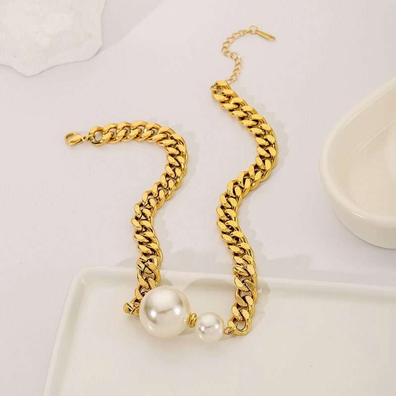 Exaggerated Geometric Titanium Steel Cuban Link Necklace with Large and Small Pearls for Women