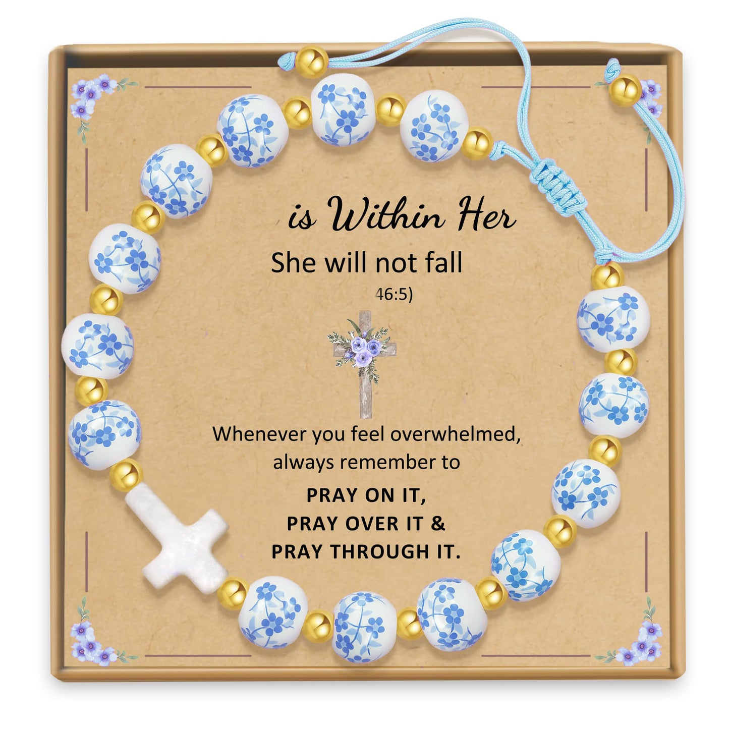 Vintage Elegant Ceramic Cross Charm Bar Bracelet with Floral Pattern and Gold Spacer Beads for Women
