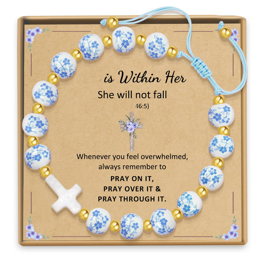Vintage Elegant Ceramic Cross Charm Bar Bracelet with Floral Pattern and Gold Spacer Beads for Women