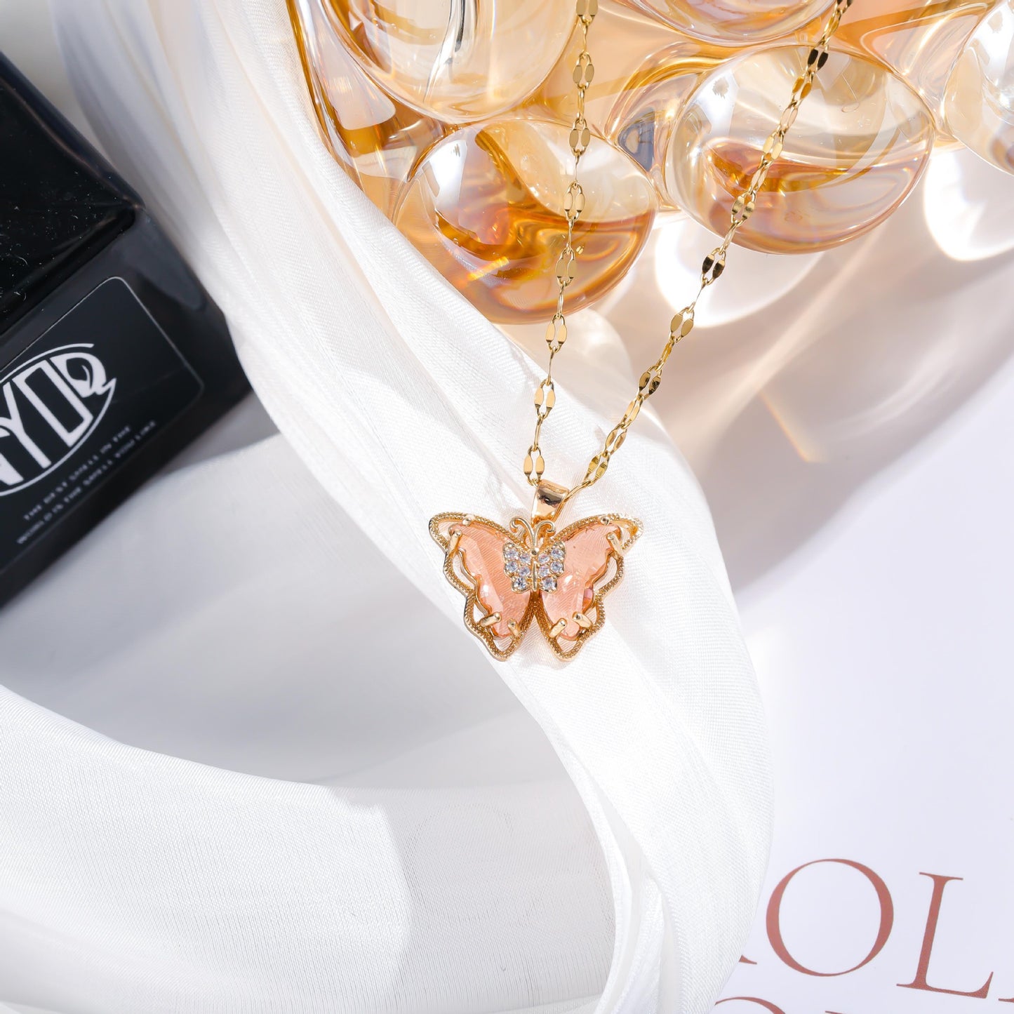 Minimalist Elegant Gold Plated Titanium Steel Butterfly Necklace with Crystal Inlay for Women