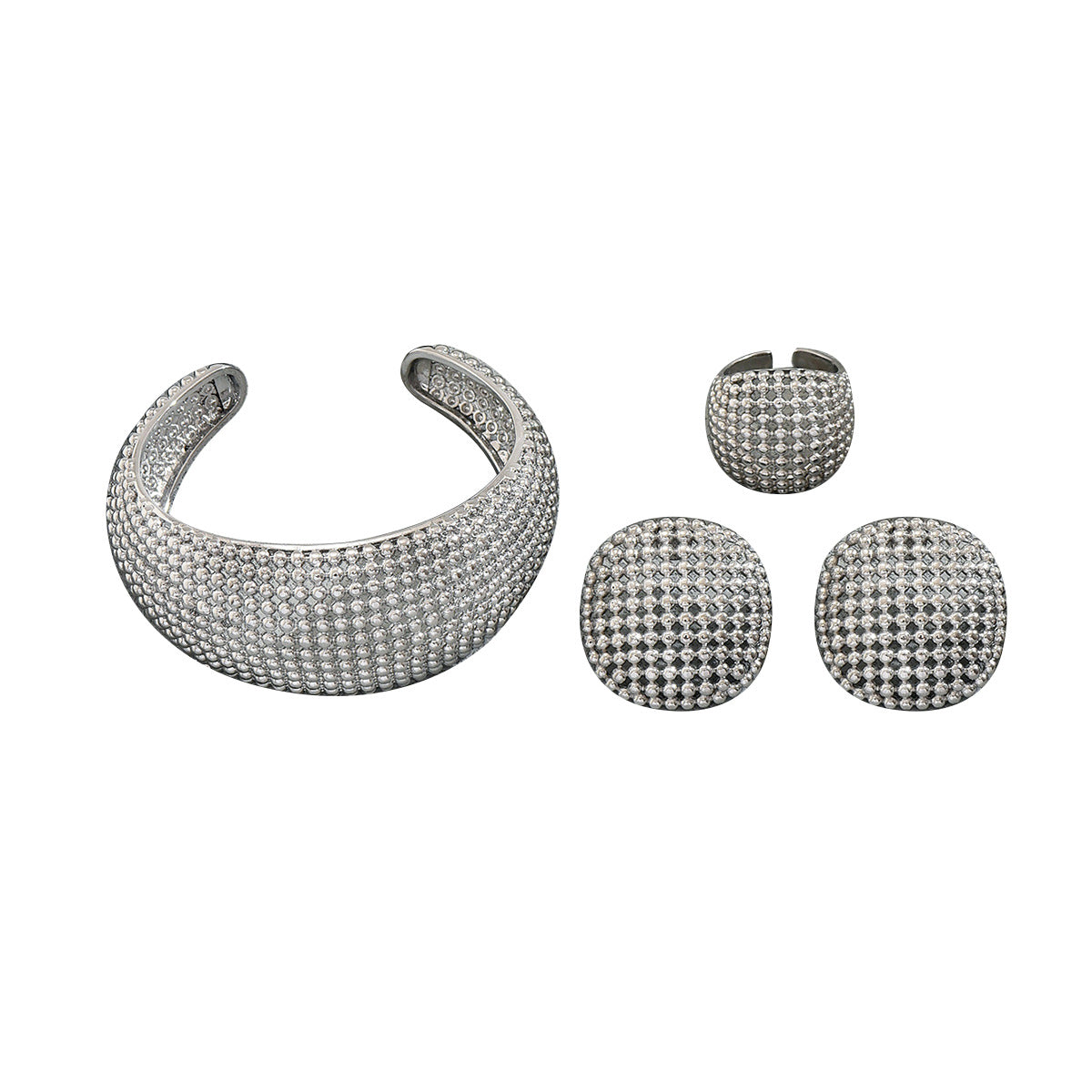 Set di gioielli placcati in lega di zinco con bracciale, orecchini e anello a forma geometrica traforata da donna