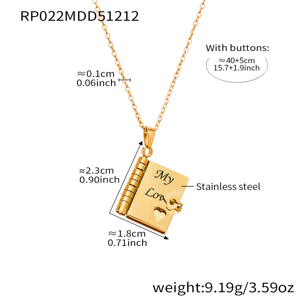 Minimalist 18K Gold Plated Geometric Book Pendant Stainless Steel Necklace for Women