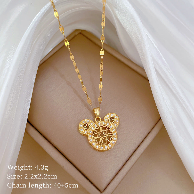 Four-Leaf Clover Rhinestone Pendant Necklace for Women Titanium Steel Irregular Chain Shell Locket Floral Style