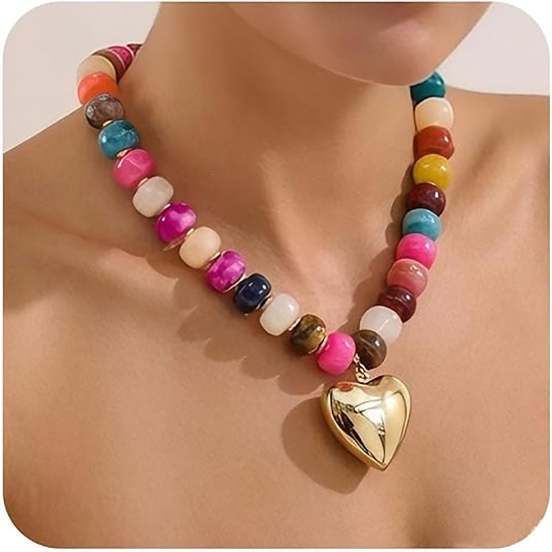 Fashion Gradient Acrylic Resin Heart Geometric Charm Bracelet Unisex Polished Beaded Hand Chain