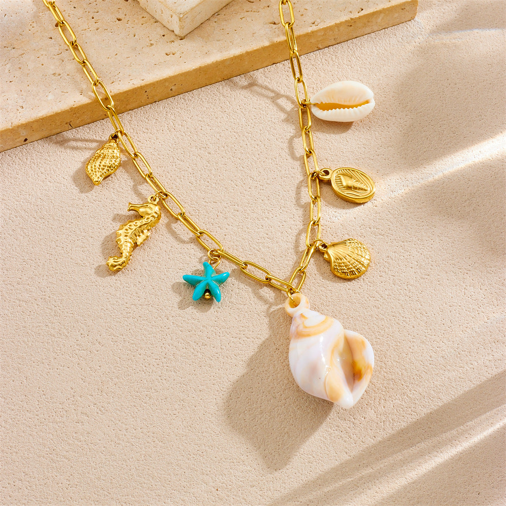 Sweet Stainless Steel Plated Animal Shell Turtle Seahorse Starfish Sun Pendant Necklace with Curb Chain for Women