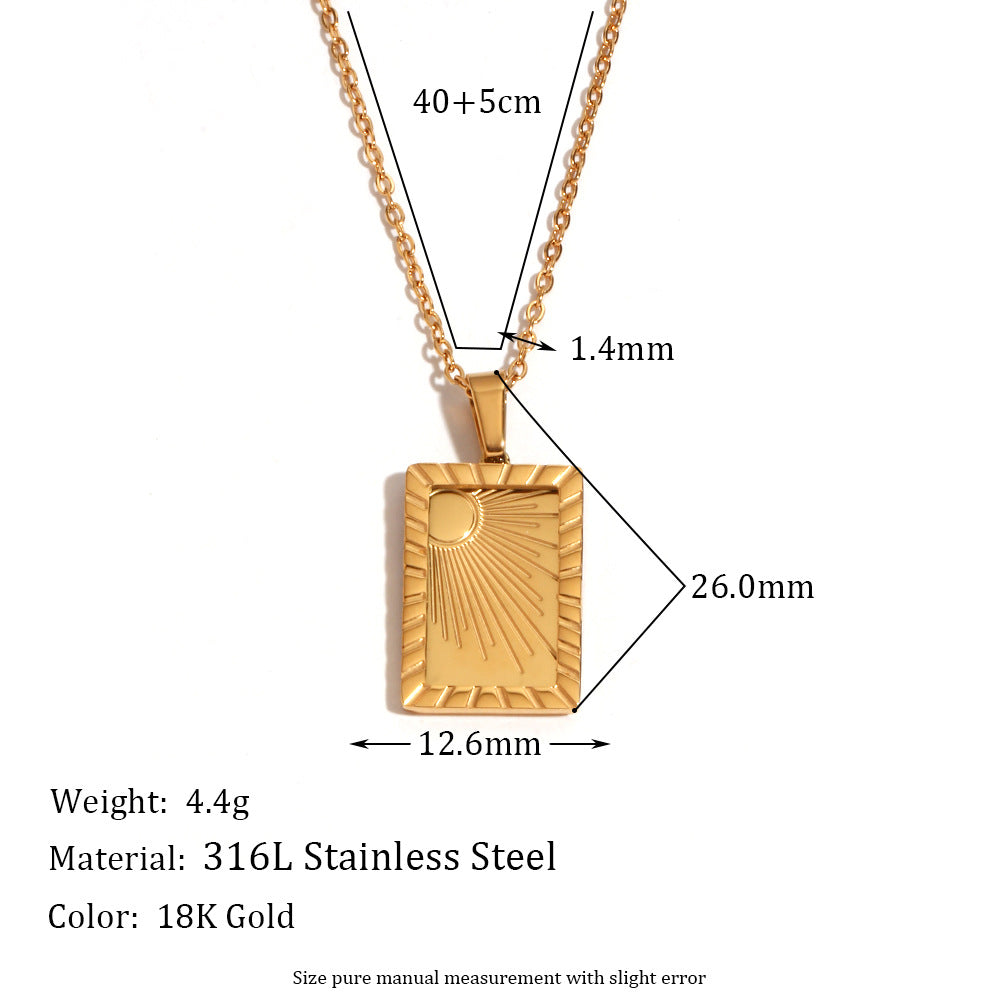 Minimalist Geometric Sun Pendant Necklace for Women in Stainless Steel with 18K Gold Plating and Engraved Detail