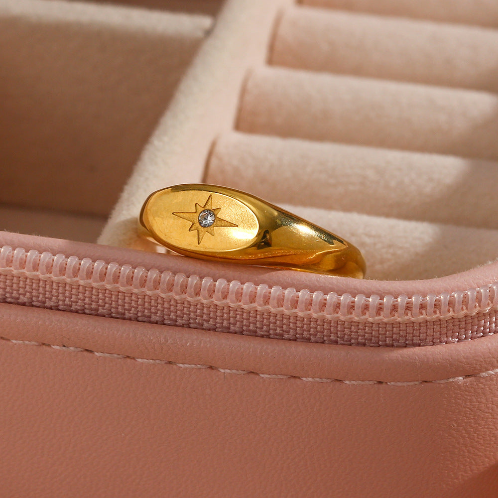 Minimalist Fashion Oval Star Zirconia Ring in Stainless Steel with 18K Gold Plating for Women