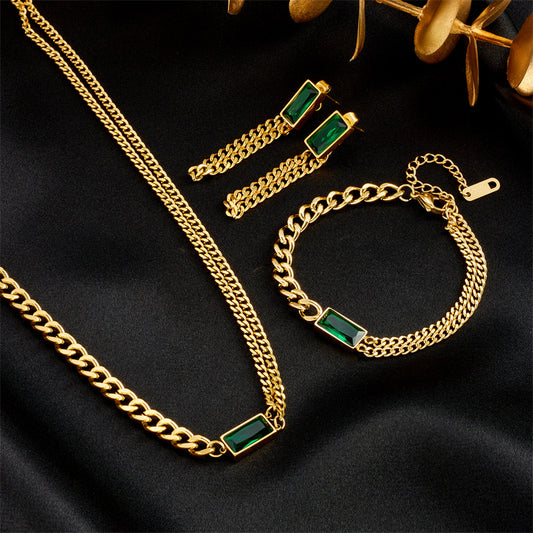 Set di Collane con Catena a Serpente in Acciaio al Titanio Placcato Oro, Minimalista e alla Moda, con Dettagli Rettangolari Verdi in Strass per Donna
