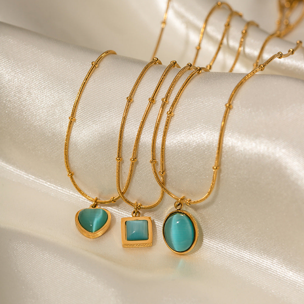 Collana pendente quadrata minimalista in acciaio inossidabile con pietra occhio di gatto blu, finitura galvanizzata per donna