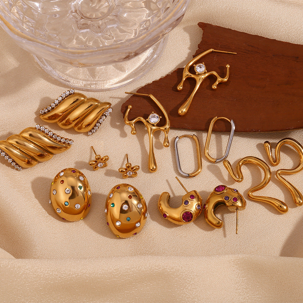 Vintage-Style Irregular Geometric Liquid Drop Earrings in Stainless Steel with 18K Gold Plating and Micro-Paved Zirconia