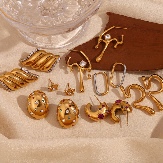 Orecchini Pendenti con Gocce Liquide Geometriche Irregolari Stile Vintage in Acciaio Inossidabile con Placcatura in Oro 18K e Zirconi Micro-Incastonati