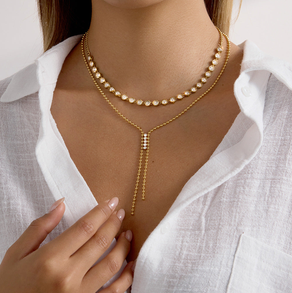 Collana a catena a Y in acciaio inossidabile placcato oro 18 carati con pendente a nappina di strass per donna, lusso minimalista
