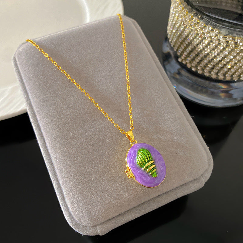 Vintage Enamel Drip Oil Oval Heart Brass Pendant Titanium Steel Necklace Cable Chain