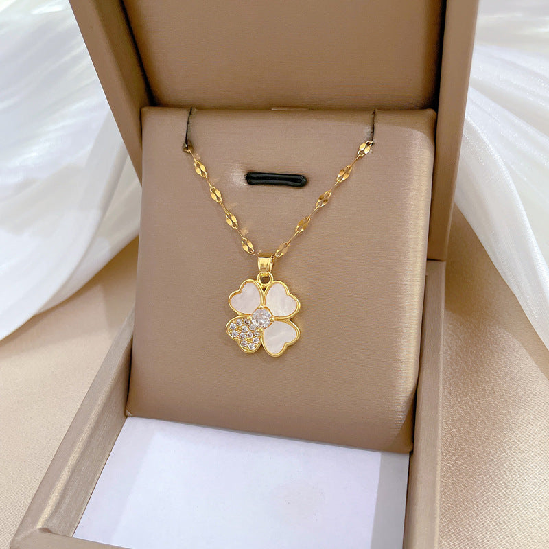 Cartoon Style Clover Shell Geometric Pendant Necklace for Women in Titanium Steel with Rhinestone Inlay Locket Chain