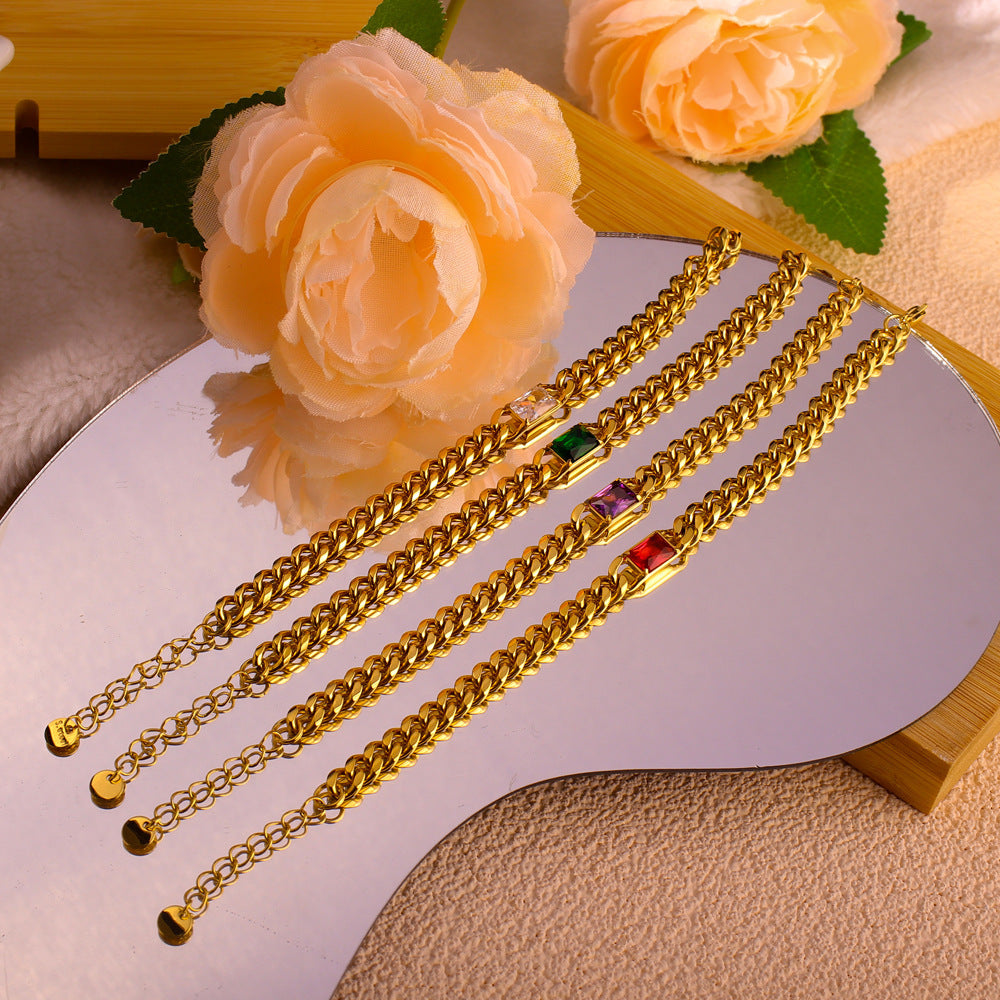 Fashionable Geometric Titanium Steel Bracelet for Women with Gold Plating and Rhinestone Inlay, Minimalist and Versatile Design