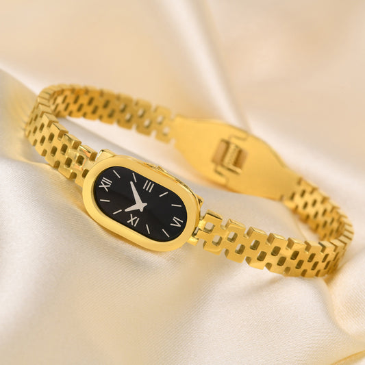 Pulsera de reloj de acero inoxidable vintage con baño de oro para mujer, joyas de reloj de forma ovalada