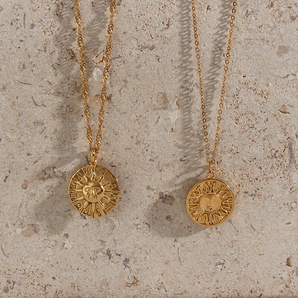 Vintage Fashion Sun Pendant Necklace with Zodiac Engraving in Stainless Steel with Plated Finish for Women