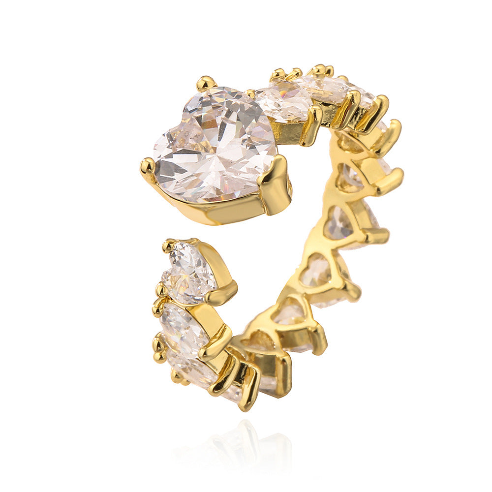 Elegante Anello a Cuore Aperto Geometrico da Donna in Rame con Placcatura in Oro 18K e Intarsio di Zirconi