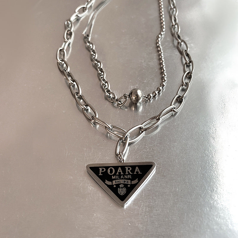 Gold Plated Titanium Steel Double Layer Necklace with Triangle Letter Pendant and Ball Detail
