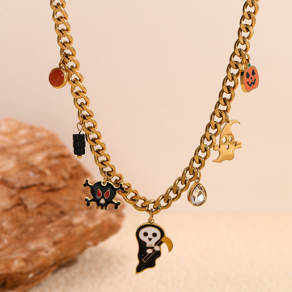 Creative Ghost Pendant Necklace for Women Stainless Steel with 18K Gold Plating Halloween-Themed Cartoon Design on Cuban Chain