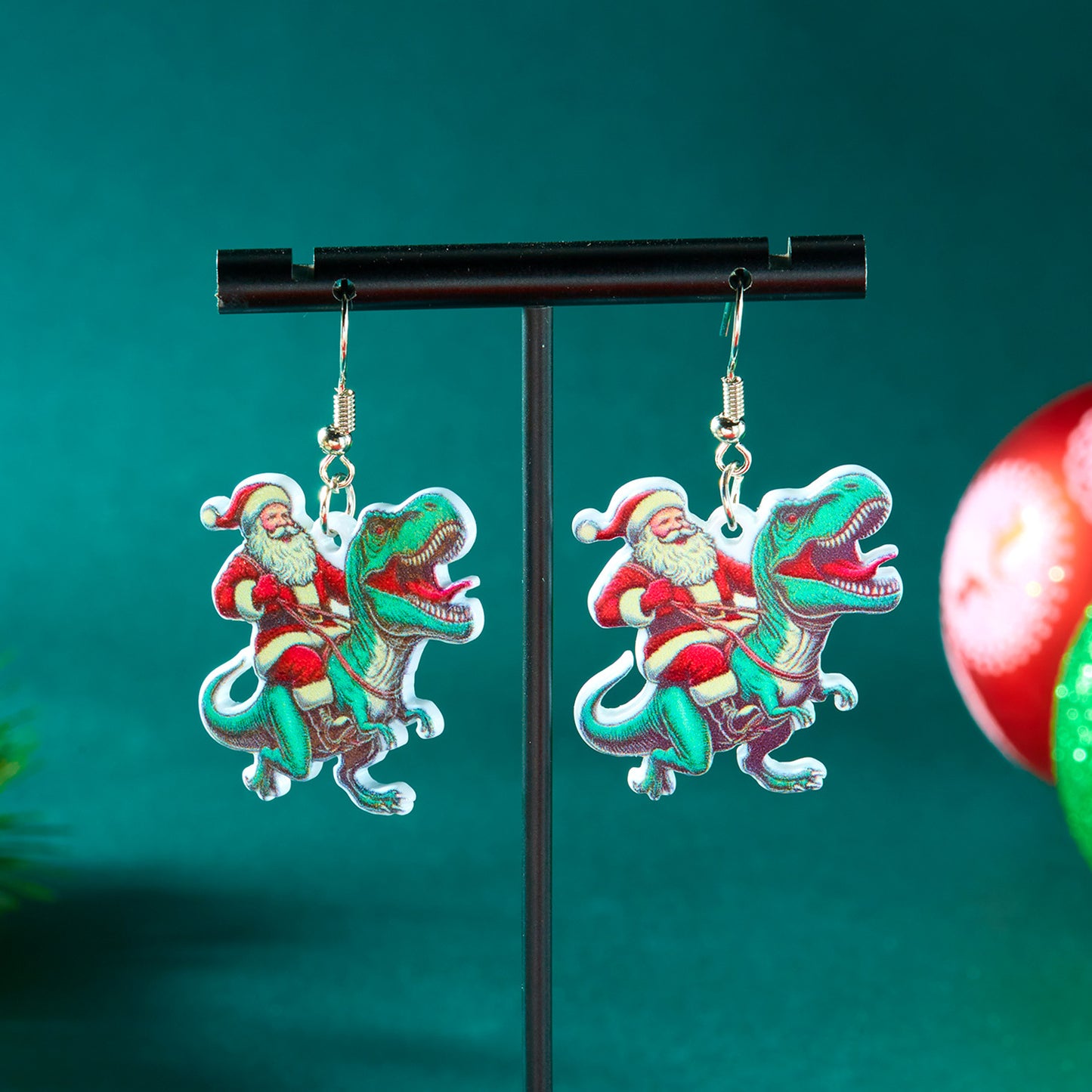 Orecchini in acrilico con Babbo Natale, renne e pupazzo di neve, a tema dinosauri, dolci e grintosi, con finitura placcata