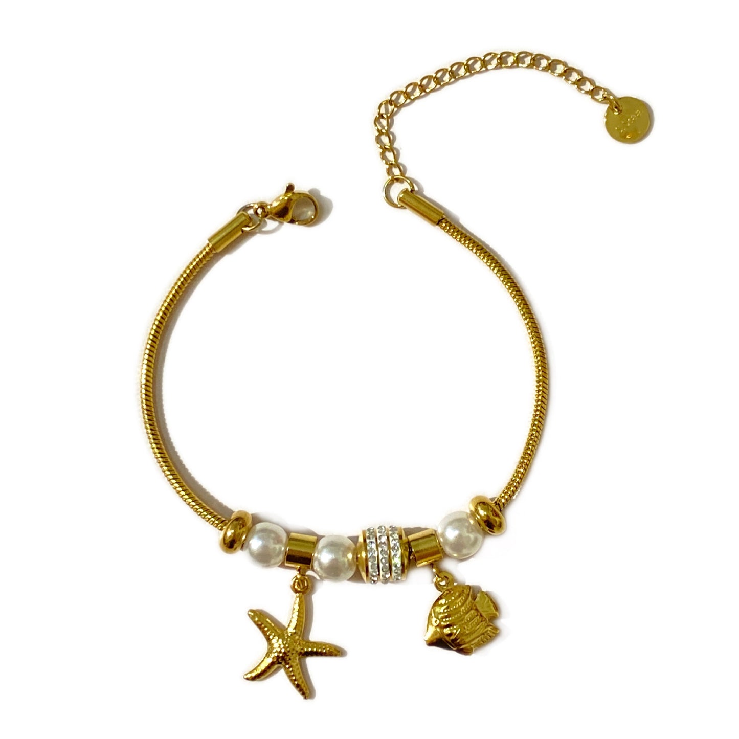 Sweet Geometric Starfish Shell Dolphin Fish Imitation Pearl Design Stainless Steel Bracelet for Women