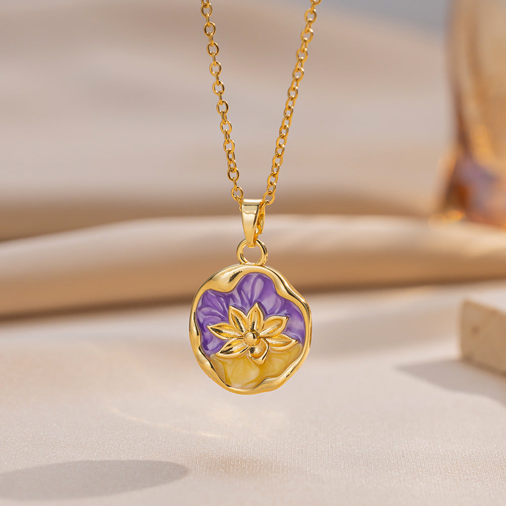 Elegant Lotus Pendant Necklace in Titanium Steel with Enamel Finish, Floral Design, O-Chain, Women's Lightweight Hypoallergenic Jewelry