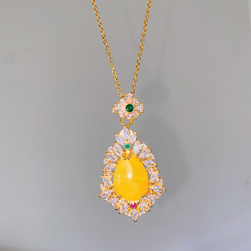Sweet Sporty Heart Fruit Lemon Yellow Agate Inlay Brass Pendant Titanium Steel Plated Cable Chain Necklace
