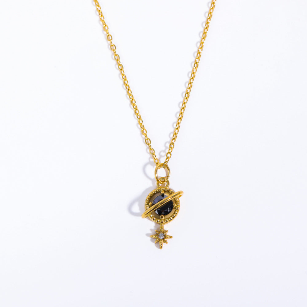 Collana Pendente Stella Saturno Geometrico Vintage, Acciaio Inossidabile Placcato Oro 18K con Intarsio di Strass, Gioielli da Donna