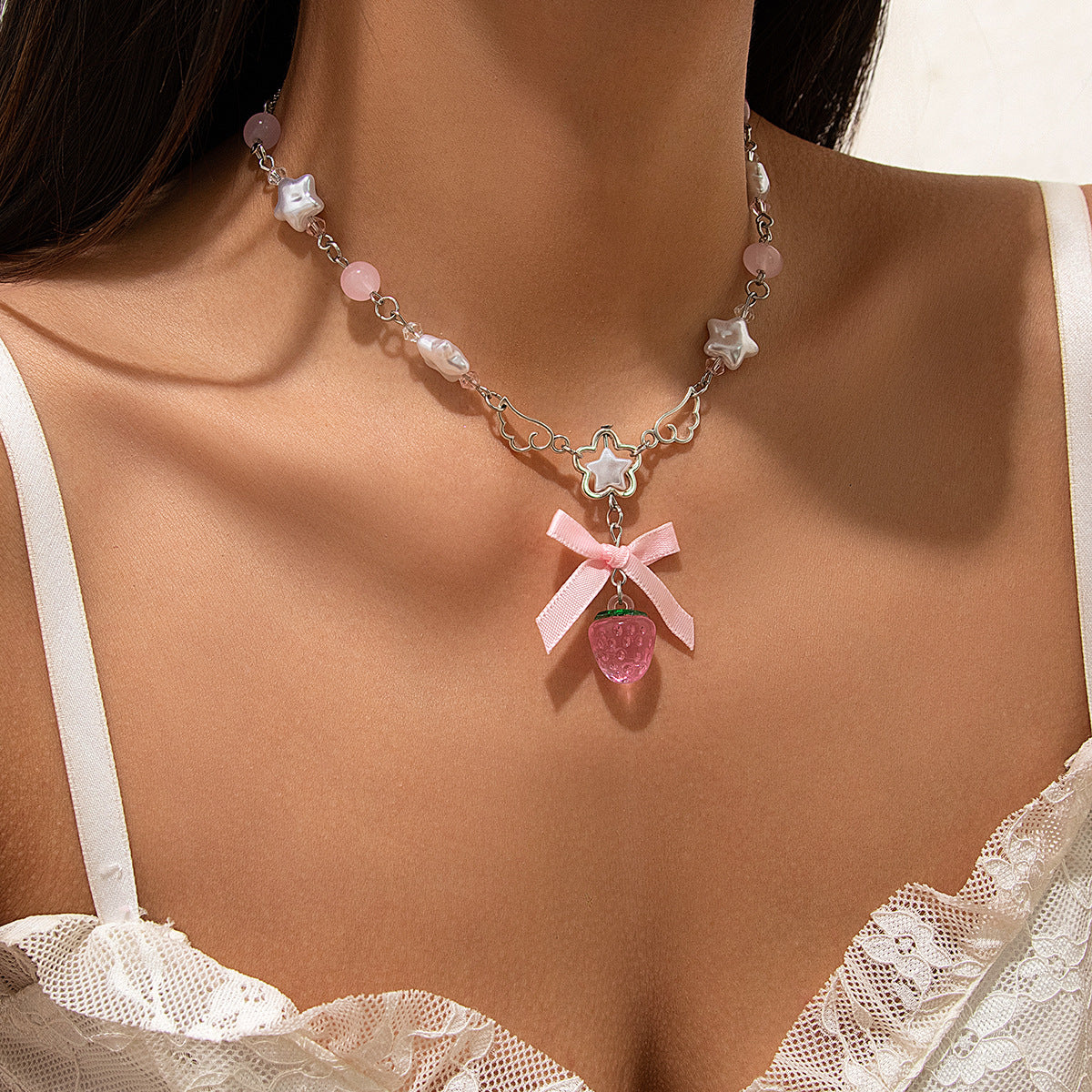 Ins Style Strawberry Pendant Necklace with Pearl-Look Beads, Heart and Star Charms, Tassel Accents, Plated Alloy, Handmade Chain for Women