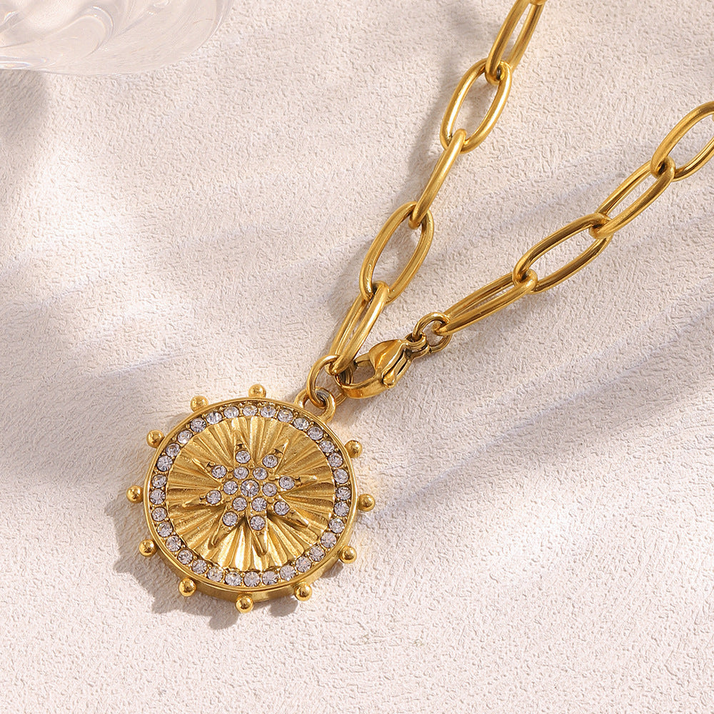 Collana con pendente a moneta a stella a otto punte placcato oro 18 carati in acciaio inossidabile con motivo geometrico vintage chic da donna