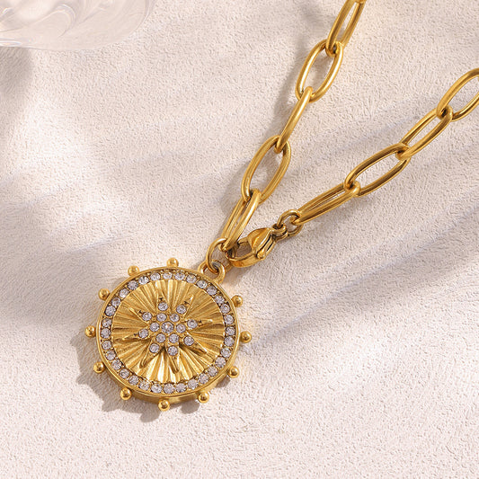 Collar con colgante de moneda de estrella de ocho puntas de acero inoxidable chapado en oro de 18 quilates, estilo geométrico vintage chic para mujer