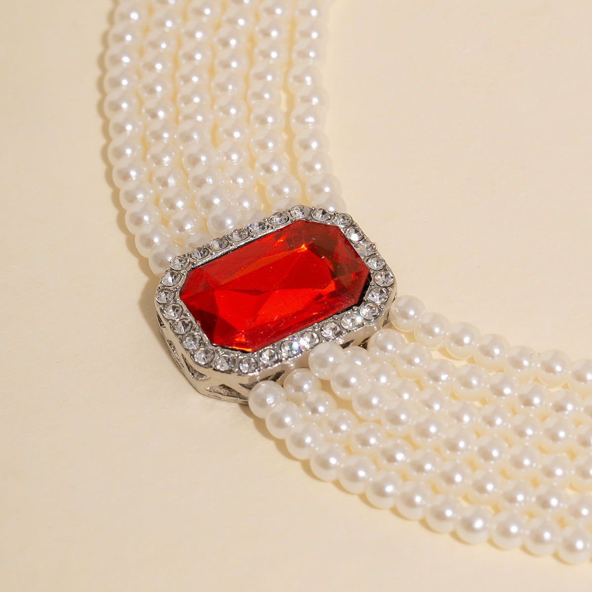 Vintage Elegant Geometric Alloy Necklace with Faux Pearl and Rhinestone Inlay, Multi-Layer Plated Chain for Women