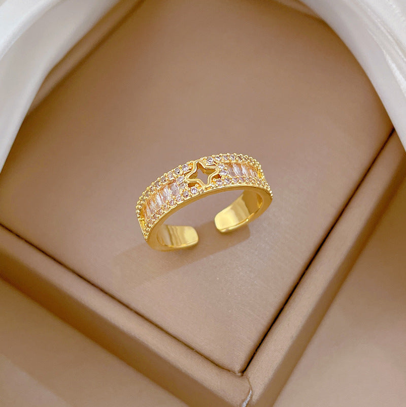 Sweet Minimalist Gold Plated Brass Crown Rhinestone Adjustable Ring for Women and Couples