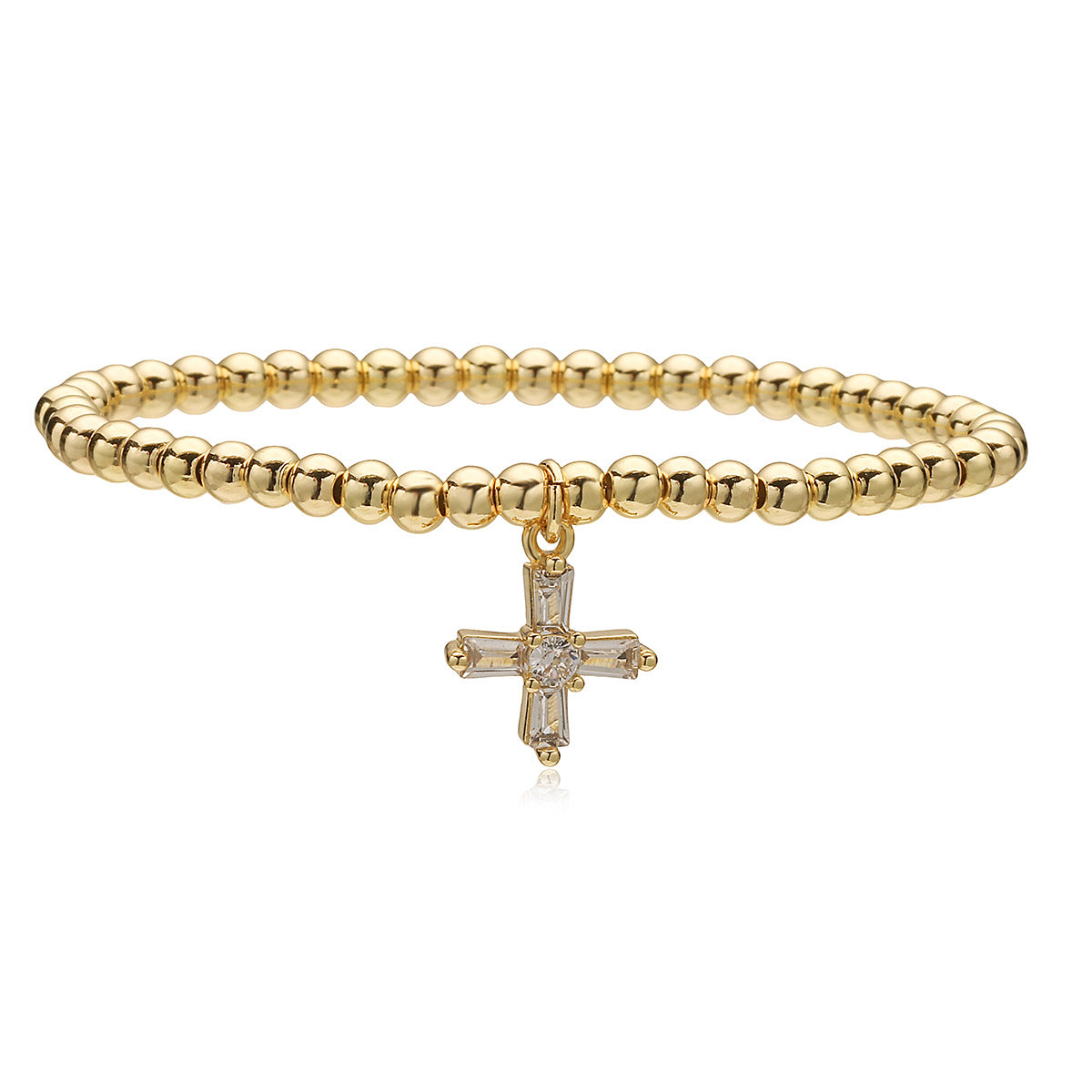 Minimalist 18K Gold Plated Brass Cross Geometric Cubic Zirconia Inlay Ball Chain Bracelet for Women