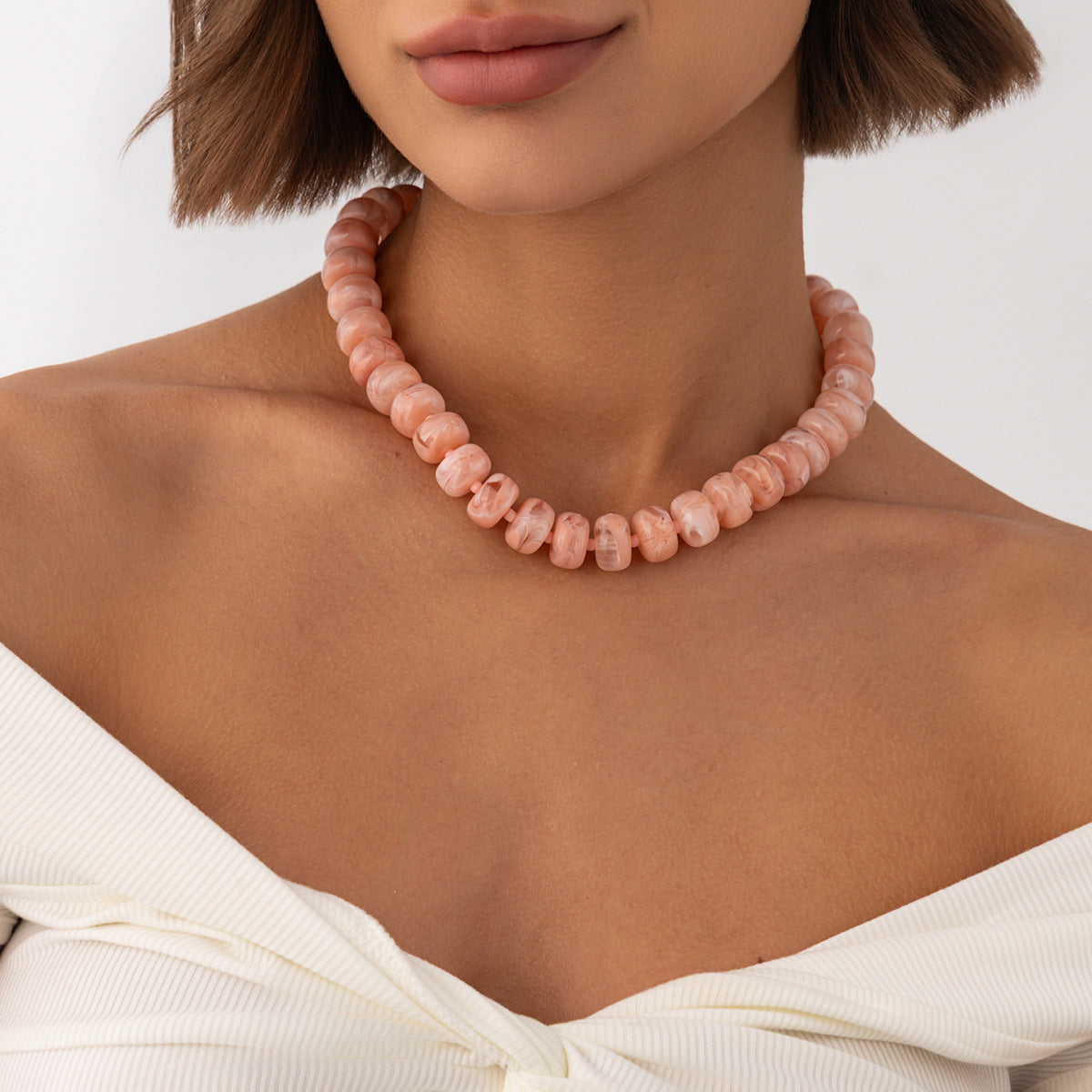 Sweet Geometric Gradient Resin Beaded Necklace Stainless Steel Chain Women's Jewelry