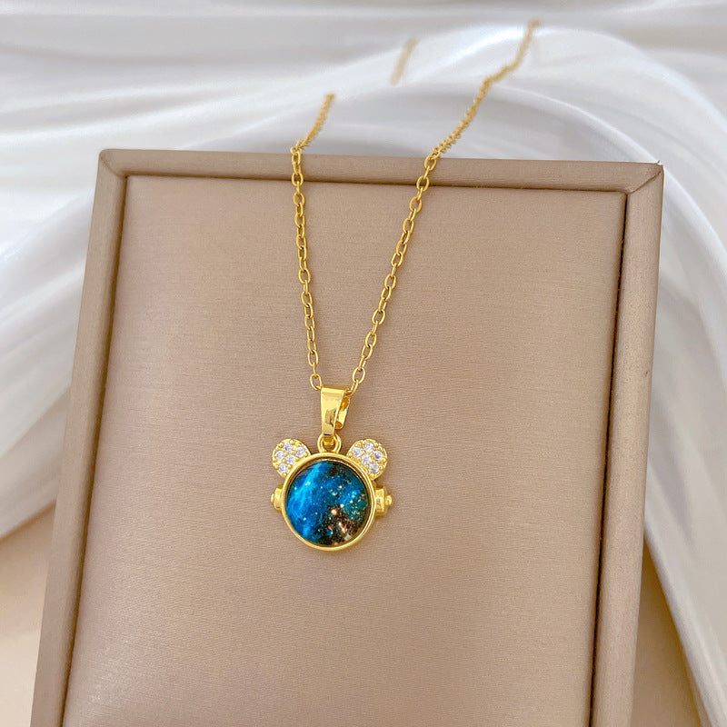 Cartoon Style Starry Sky Cat Pendant Necklace for Women Stainless Steel Delicate Clavicle Chain with Moon Motif
